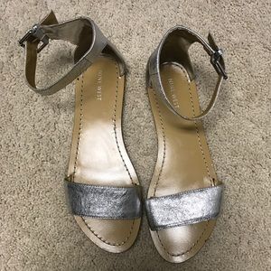 Nine West flat, silver sandals. Size 10.